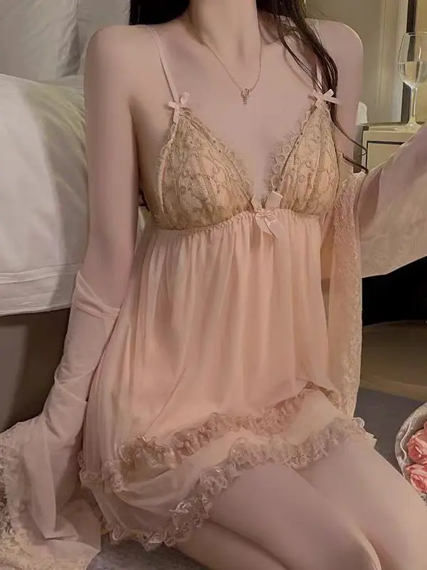 Women Sexy Suspenders Chest Cushions Pure Desire Style Lace V-neck Thin Style Mesh Sheer Dress Elegant High Waisted Sweet U0U8