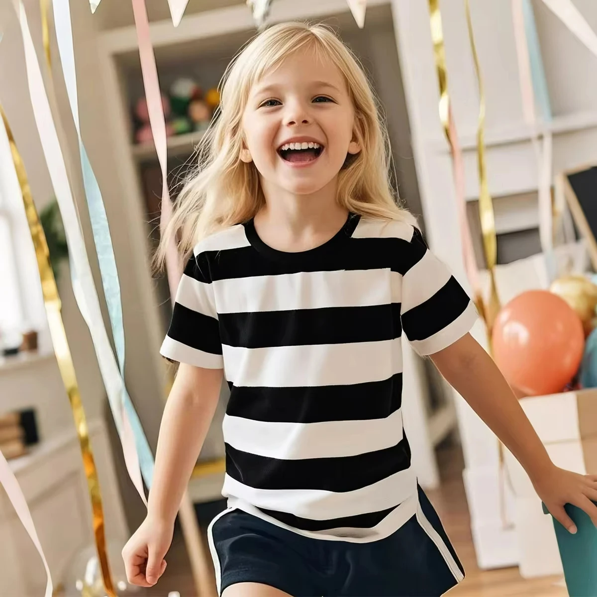 Sommer Damen Mädchen Lässiges Sportliches 3D-Druck Grafik Kinder Süßes T-Shirt Jungen Schwarz-Weiß Gestreiftes Herren Kinder T-Shirt