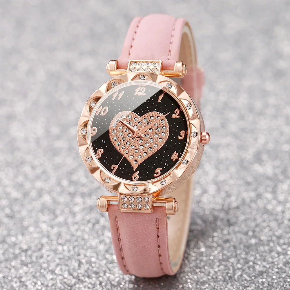 10 opzioni multicolori Orologi da donna Orologio da polso al quarzo con quadrante a cuore con strass alla moda Orologi da polso con cinturino in pelle femminile