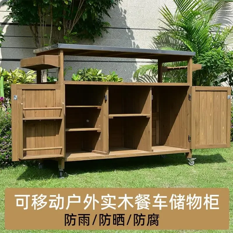 

Outdoor solid wood dining car meal preparation storage cabinet storage console finishing pulley movable garden