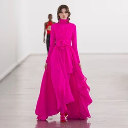 2024 Spring Fuchsia Asymmetric Prom Gown High Neck Chiffon Evening Party Dresses Long Sleeves vestidos para mujer Formal Dress