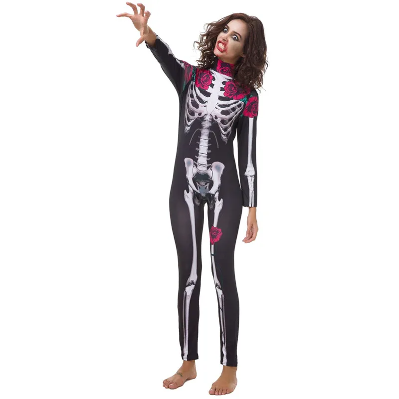 Women Girls Halloween Haunted House Themed Party Costume Long Sleeve Turtleneck Skeleton Rose Print Scary Sexy Jumpsuit Bodysuit