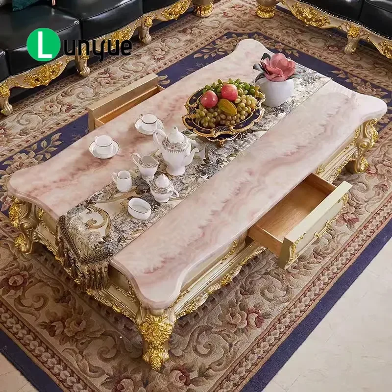 European Modern Solid Wood Coffee Table with Marble Top and Storage Drawers Living Room Furniture