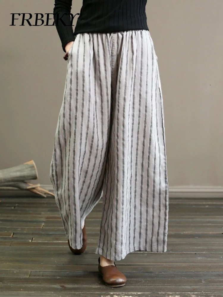Women's Pants Summer Vintage Cotton and Linen Striped Wide-leg Pants Skinny Draped Casual Straight Nine Pants Casual Trousers