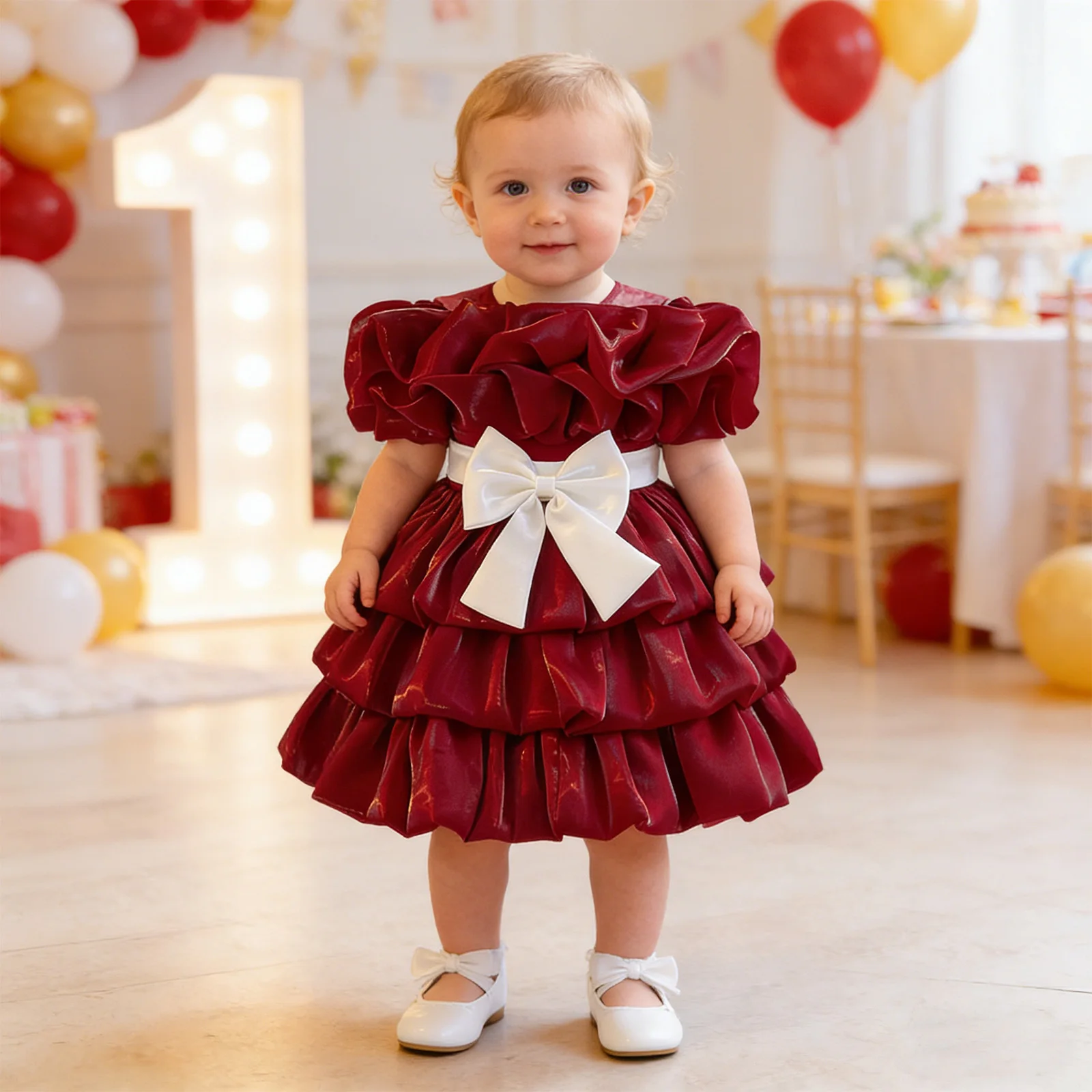 

Baby Wedding Flower Girl Dress Elegant Sweet Princess Dresses Cute Bow Shimmery Tiered Ruffled Tutu Birthday Party Ball Gown