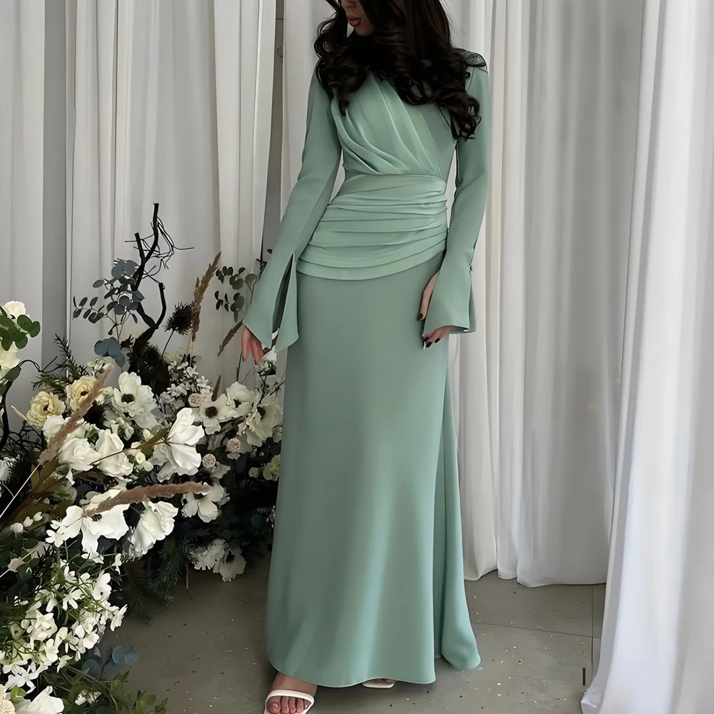 

Saudi Arabic Mint Green Evening Dresses with Long Sleeves chiffon Floor Length Prom Dresses Party Gown special occasion dress