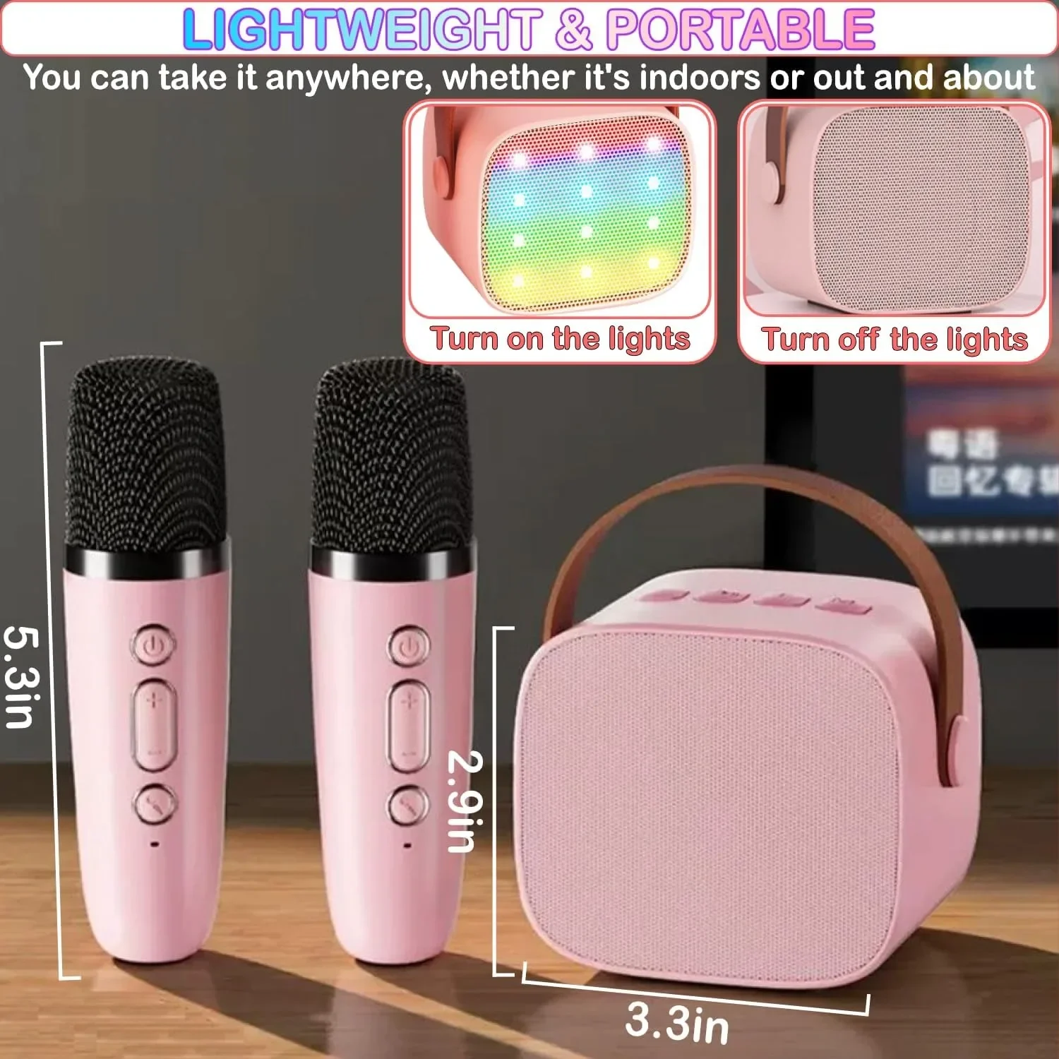 Mini máquina de karaokê, alto-falante bluetooth com 2 microfones sem fio, luzes led, presentes de natal e aniversário para meninas, meninos e adultos