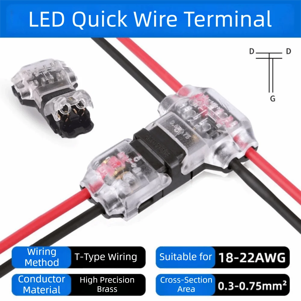 10Pcs T Type Low Voltage Wire Connector for 18-22 Awg Cables T1/T2 Quick Connector Wire Connectors Pluggable Easy to Install