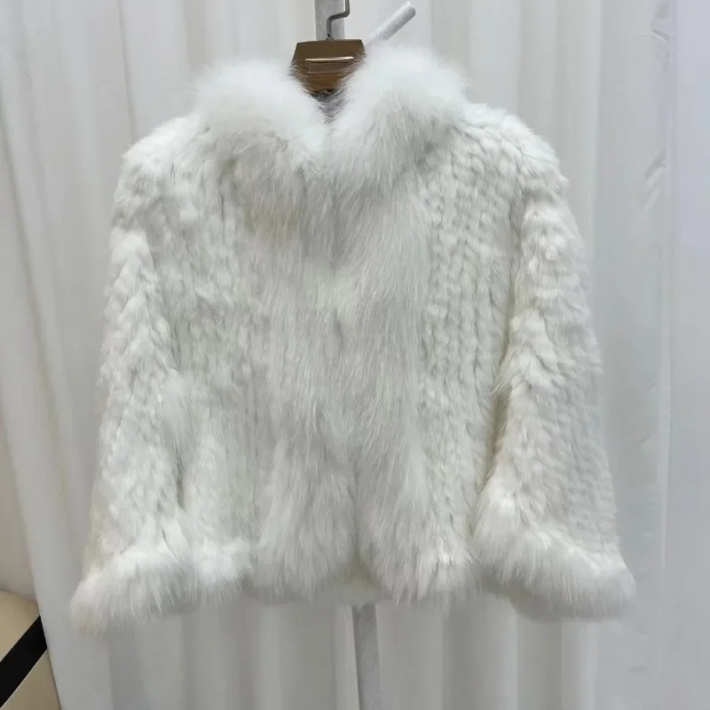 New Real Genuine Natural Knitted Rabbit Fur Shawl Coat With Fox Fur Collar Women's Fashion Knit Jacket Cape