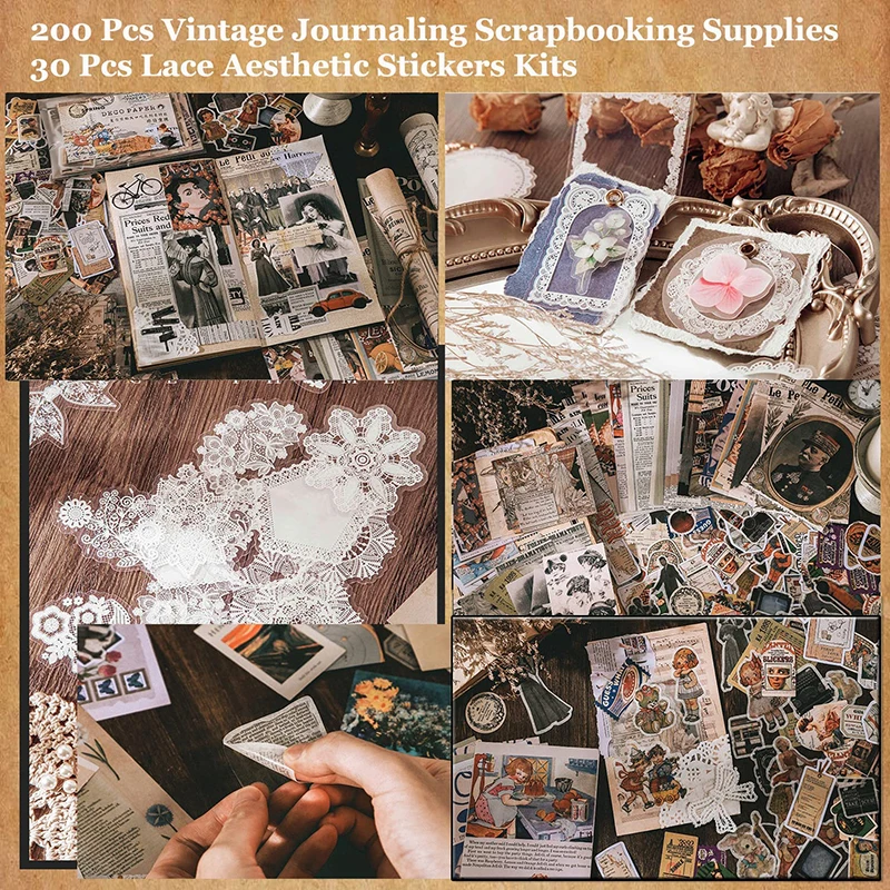 230 Pcs Vintage Journaling Scrapbooking Supplies Scrapbook Stickers Paper for Bullet Journals DIY Art Craft with Lace Sticker