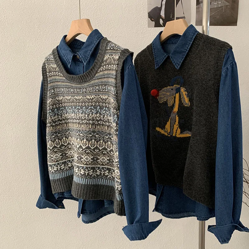 オウムデニム イルト＆ニットベストセット シングルボタン ロングスリーブ カジュアルウェア ラウンドネック シングルレイヤリングトップ レディースファッション