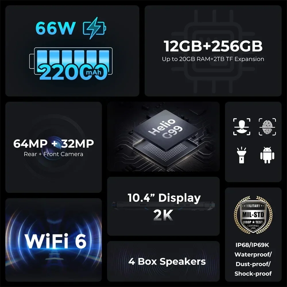 FOSSiBOT DT2 10.4 Inch Rugged Tablet Pad 20GB+256GB 22000mAh Android 13 PC Tablets Octa Core 4G LTE Tablet 66W Fast Charge