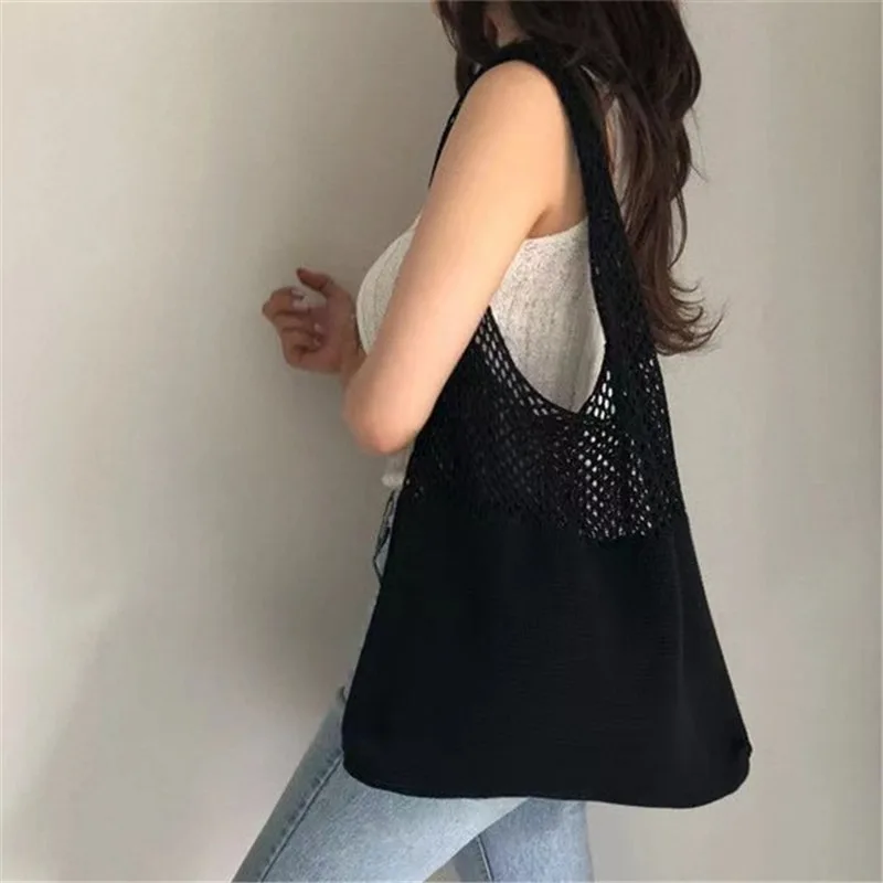 

Chic Simple Retro Hollow Tote Bag Stylish Hollow Out Knitted Shoulder Bag Weave Handbag Shopping Bag for Women Daily Collocation
