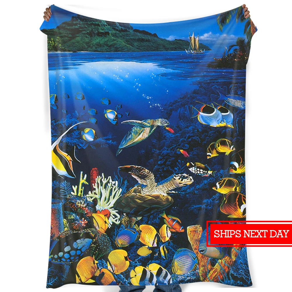 Ocean custom blanket, comfortable and warm, soft flange velvet blanket, suitable for sofa beds, bright tropical fish