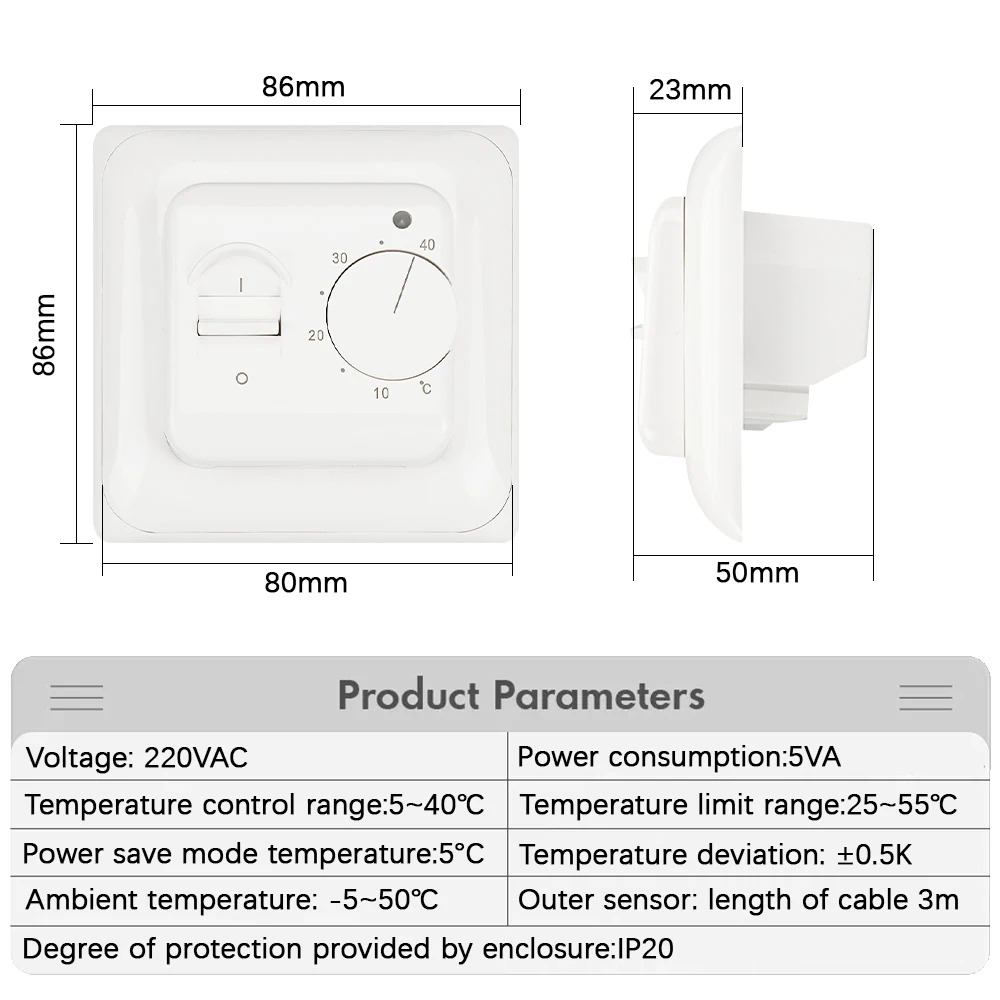 220V 16A Electric Floor Heating Room Thermostat Manual Floor Heating Cable Thermostat Temperature Controller Meter with Sensor