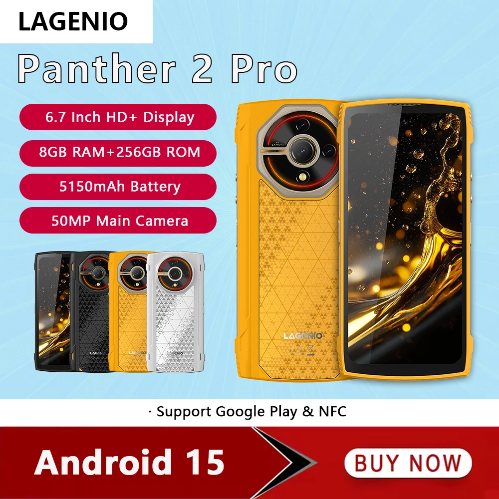 LAGENIO Panther 2 Pro 4G هاتف ذكي متين أندرويد 15 8GB + 256GB هاتف محمول 50MP 5150mAh 6.7 "HD هاتف محمول رفيع للغاية Gemini