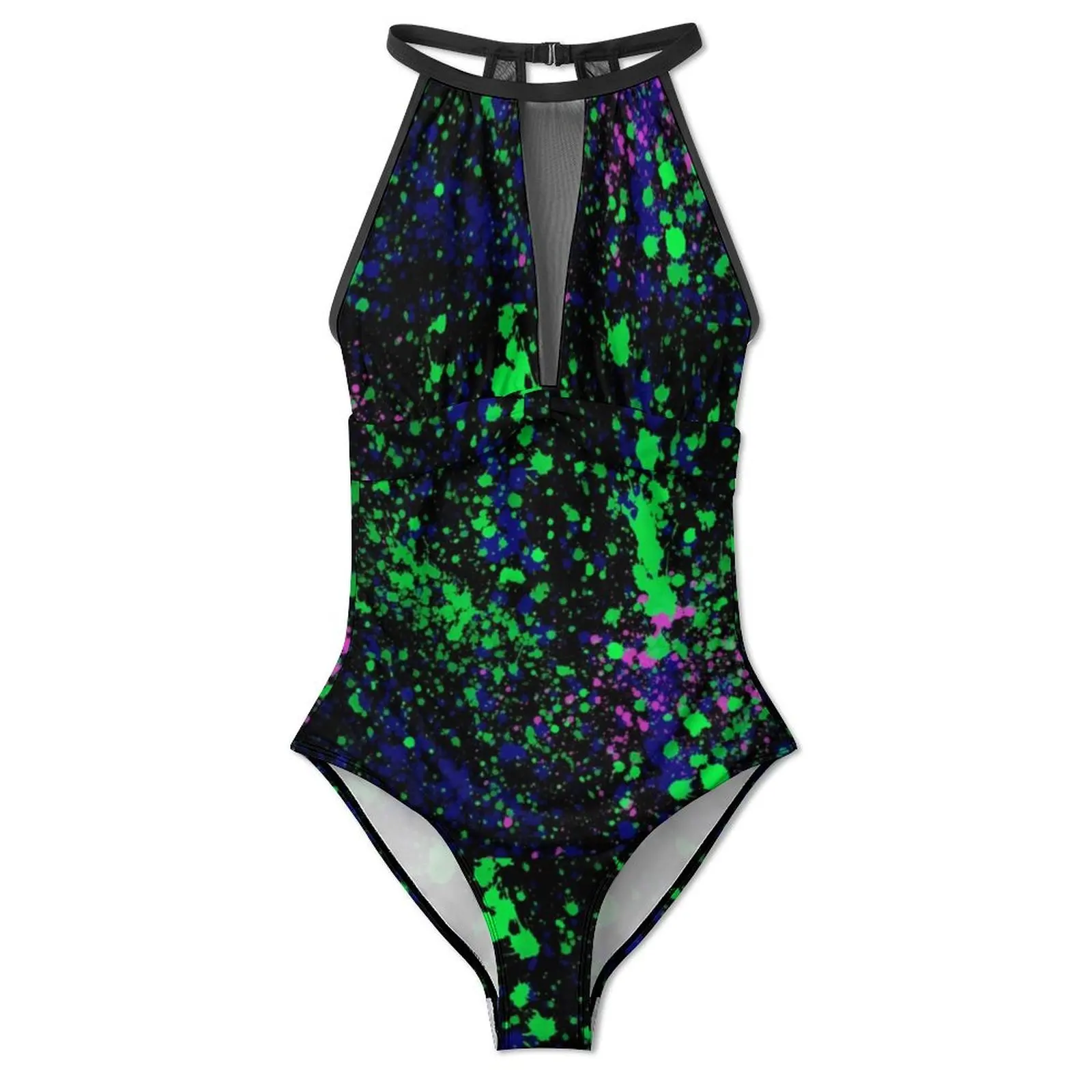 Paint Splatter Design Swimsuit Sexy Green Blue Yellow Female Swimwear One-Piece Bodysuit Holiday Rave Push Up Cut Out Beachwear