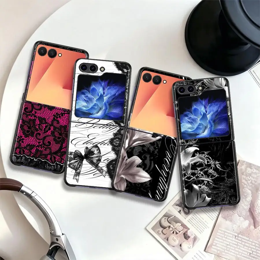 Case for Samsung Galaxy Z Flip 8 ZFlip8 Z Flip6 Z Flip5 Z Flip4 ZFlip7 FE Z Flip 7 6 5 4 Phone Shell Hot Pink Lace Dark