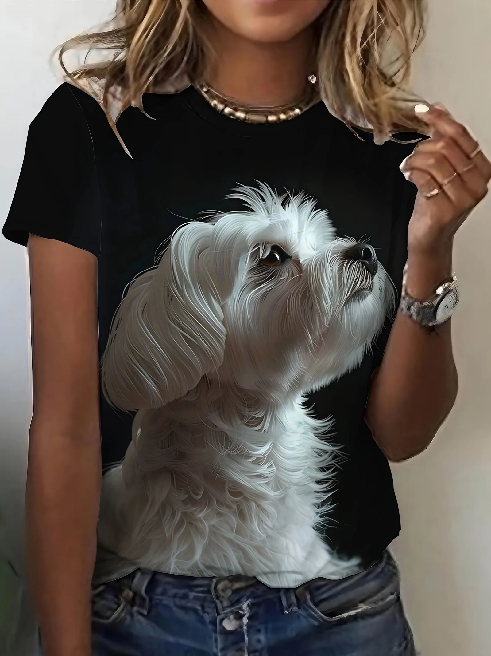 Women Crew Neck Short Sleeve T‑shirt Realistic White Maltese Dog Print Black Background Summer Casual Top