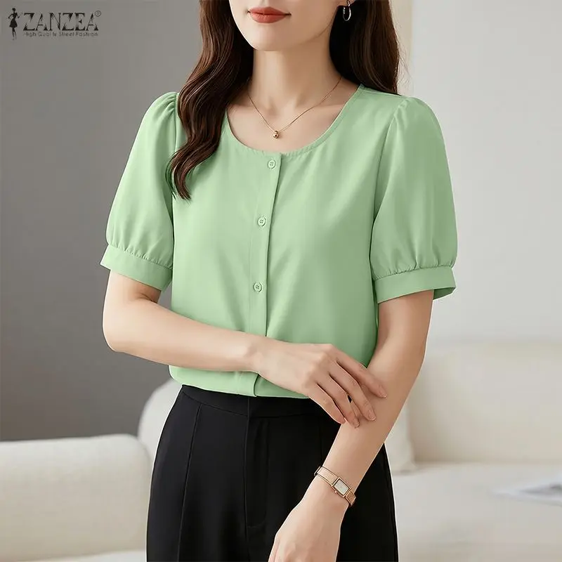 

2026 ZANZEA Summer Short Sleeve Buttons-Up Blouse Fashion Women Shirt Square Neck Solid Color Tops Female OL Work Blusas Tunic