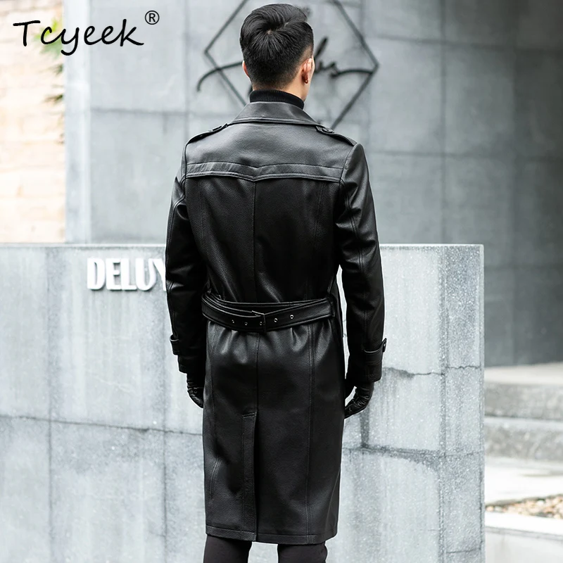 Tcyeek Top Layer Cowskin Autumn Winter Mid Length Suit Collar Long Men's Genuine Leather Jacket Куртка Кожаная Мужская 가죽 자켓