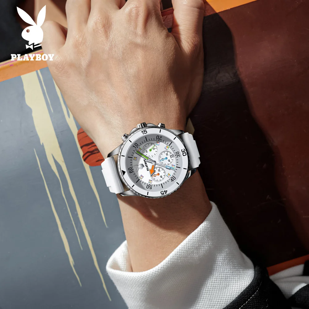 PLAYBOY Top Brand Original Silicone Strap Multifunction Quartz Watches for Men Best Selling Fashion Trend Men's Wrist Watches