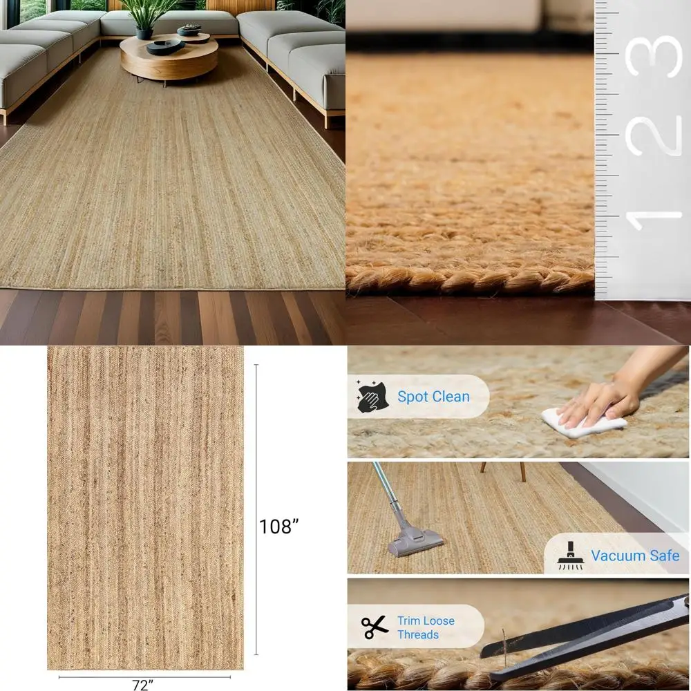 

Large Rectangular Jute Rug, Handwoven, Reversible, Solid Color Farmhouse Style, Natural Fiber, Ideal for High Traffic Spaces and