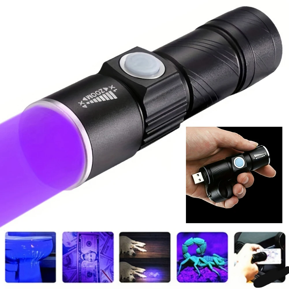 

UV Flashlight Ultraviolet Light Detector Zoomable Mini LED Flashlight USB Charging Aluminium Alloy for Invisible Ink Pens