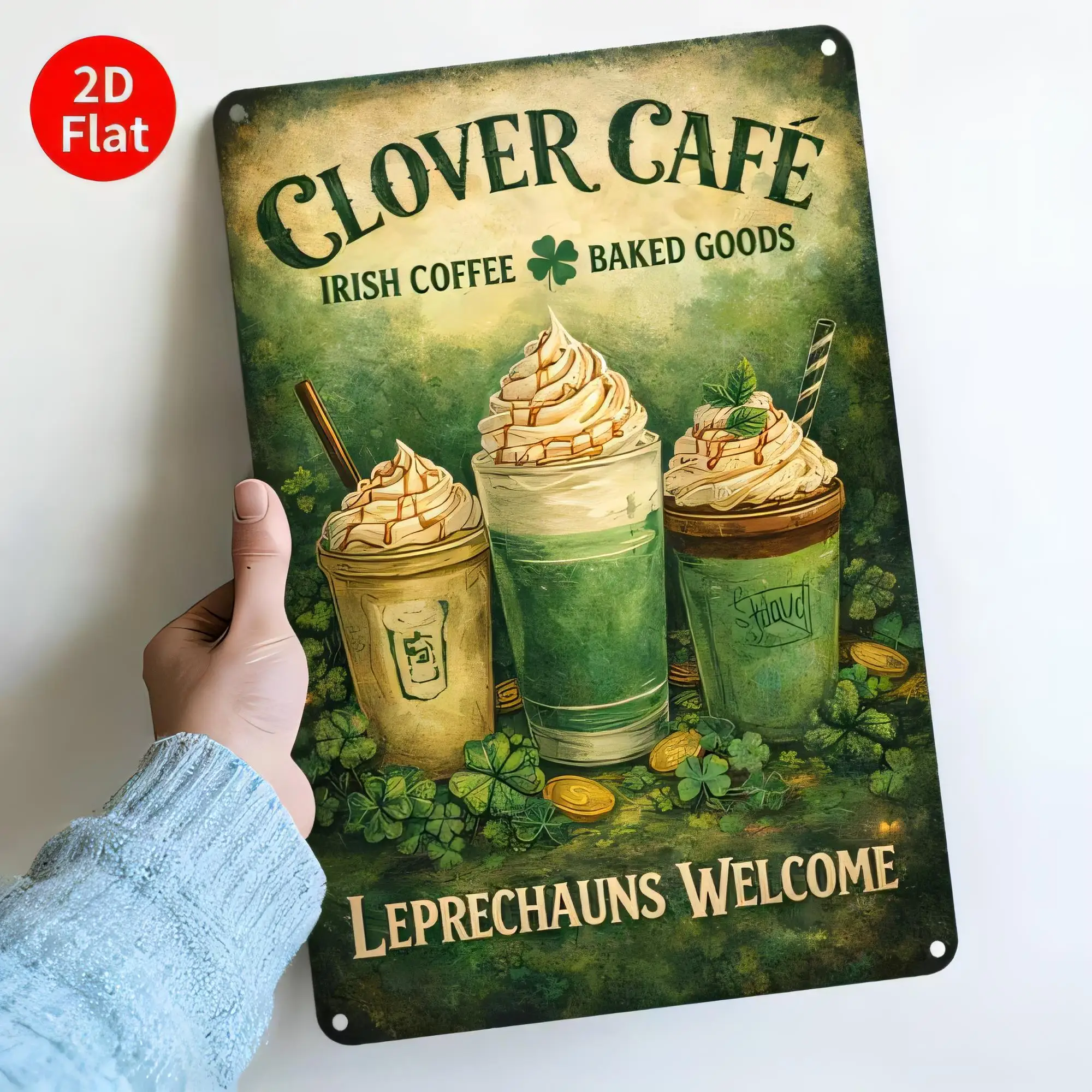 Tin Sign 2D Flat Clover Cafe Irish Coffee Baked Goods Leprechauns Welcome Vintage Metal Wall Decor for St Patricks Day Bar Pub K