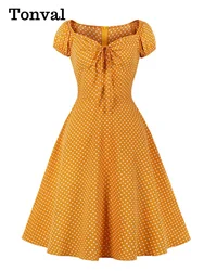 Tonval Tie Sweetheart Neck Polka Dot Vintage Women Summer Dress 2023 High Waist Retro Ladies Casual Dresses 1950s Style