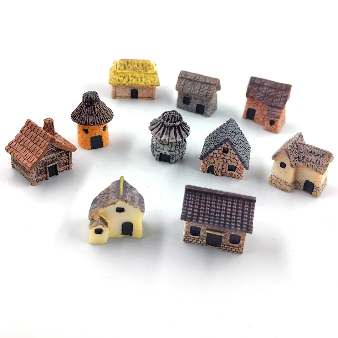 10Pcs New Small House Figurine Resin Craft DIY Home Decor Miniature Fairy Garden Decoration Accessories Modern Building Statue