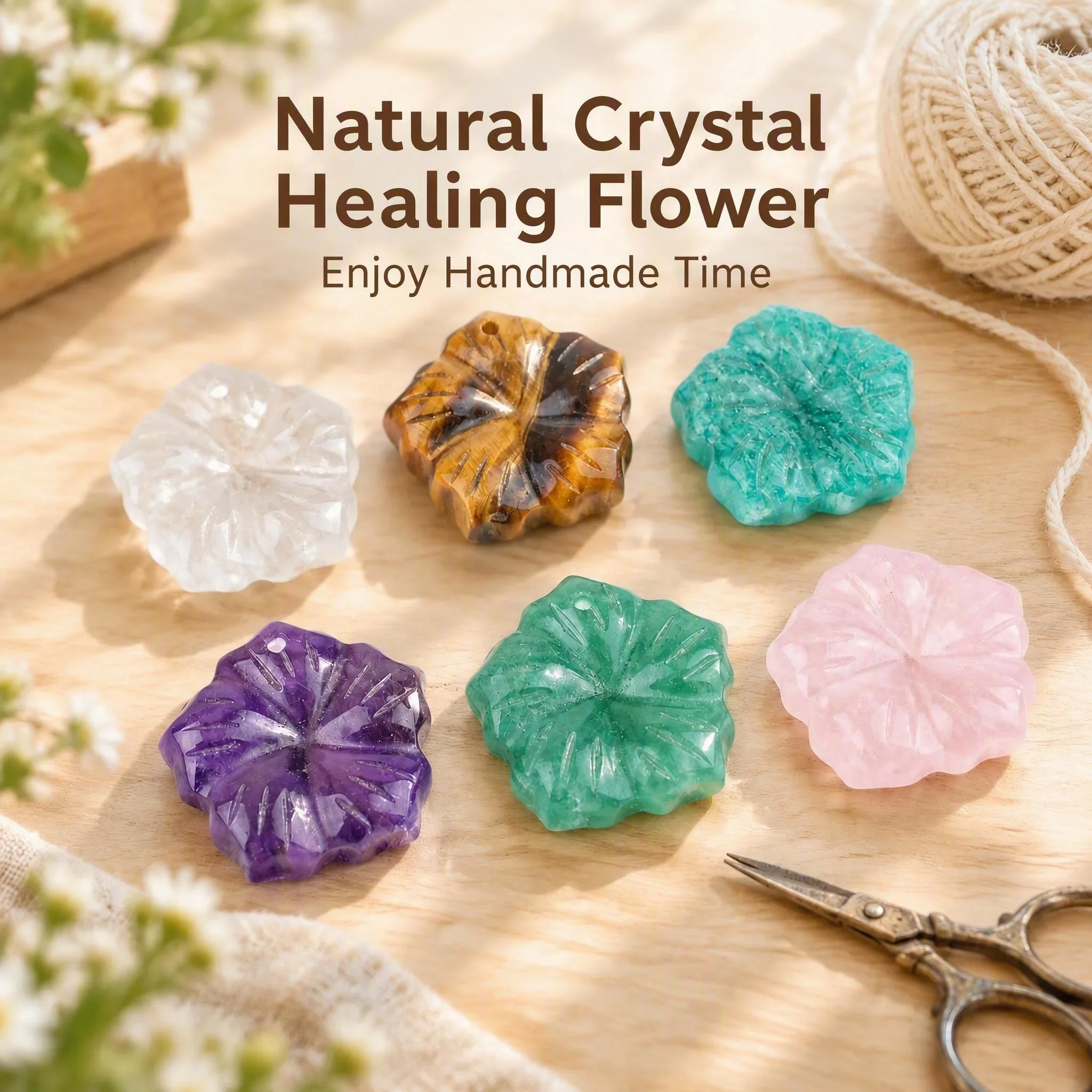 JOYAGIFT 20mm Hand Carved Natural Crystal Flower Pendant Mixed Gemstone Charm With Hole For DIY Necklace Jewelry Making