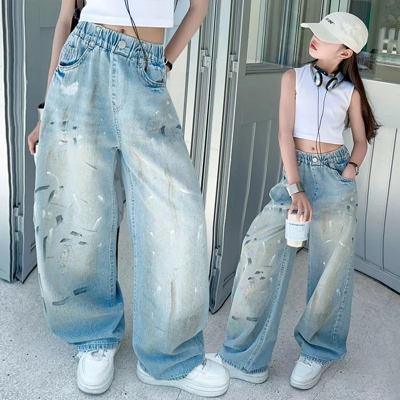 

Kids Girls Wide Leg Jeans With Drawings Children Denim Pants Autumn Vintage Street Style Loose Straight Long Trousers Age5-14Y