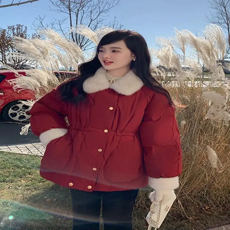 Women's Padded Jacket Outdoor Daily Wear Winter Down Cotton Jacket Short Waist Belted Thickened Warm Faux Fur Collar Coat Tops