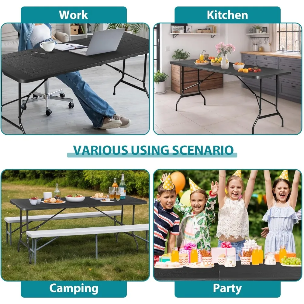โต๊ะปิกนิกพับได้แบบพกพา 6 ฟุต โต๊ะรับประทานอาหารสำหรับงานปาร์ตี้ในร่มกลางแจ้งพร้อมที่จับ สีดำ 71 x 27