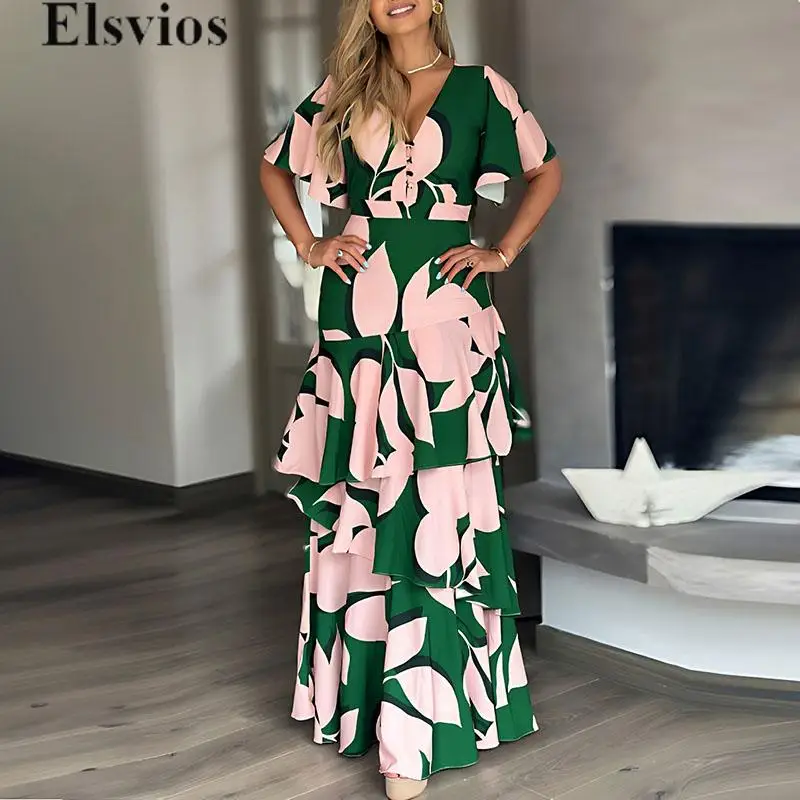 

Temperament V-neck Button Party Dress Elegant 2024 Pattern Print Ruffles A-line Dress Summer Women Short Sleeve Maxi Dress Lady