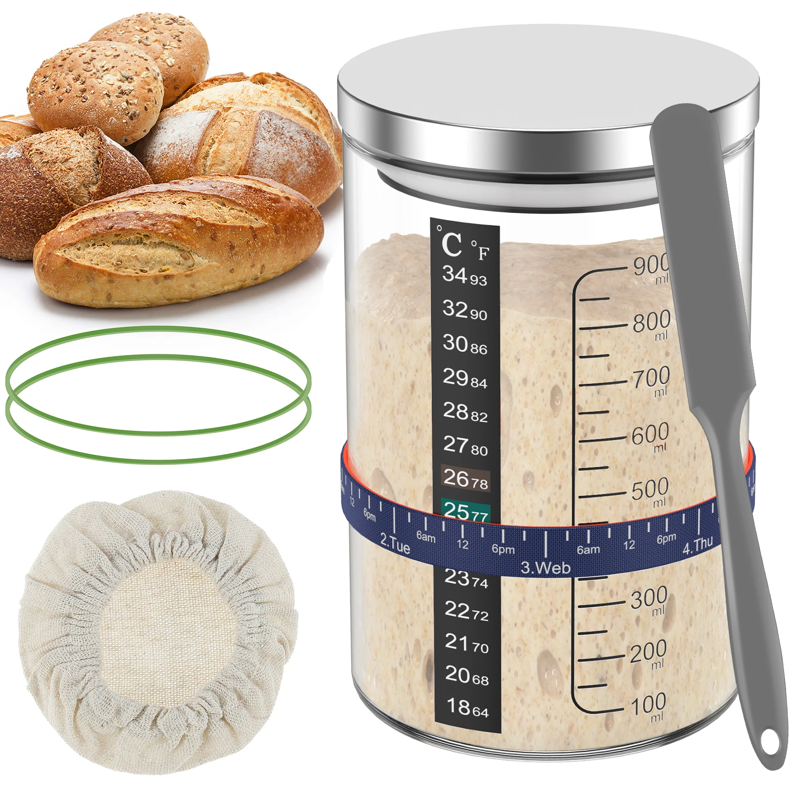 Sourdough Starter Jar Kit 900ml Dough Fermentation Container Wide Mouth Clear Glass Jar for Kitchen Baking Food Storage Tank