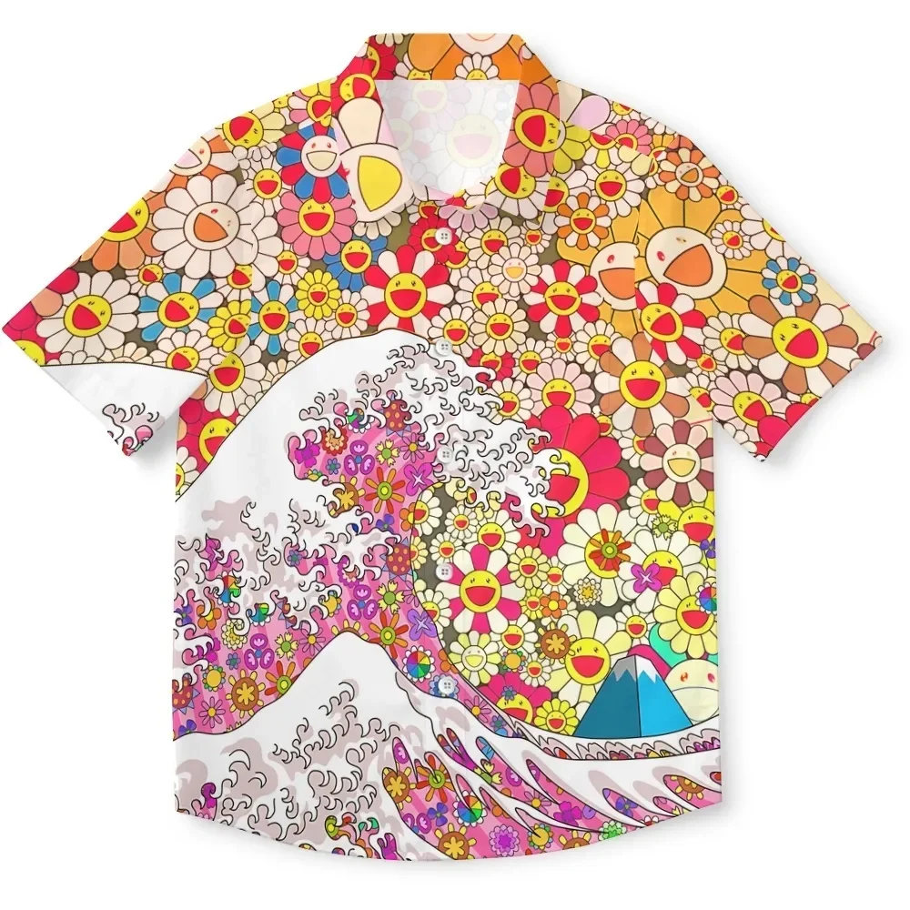 Japanese Art Anime Murakami Art Wave Mash up Button-up Shirt 3D Printed Pattern Style Men's Hawaiian Shirt