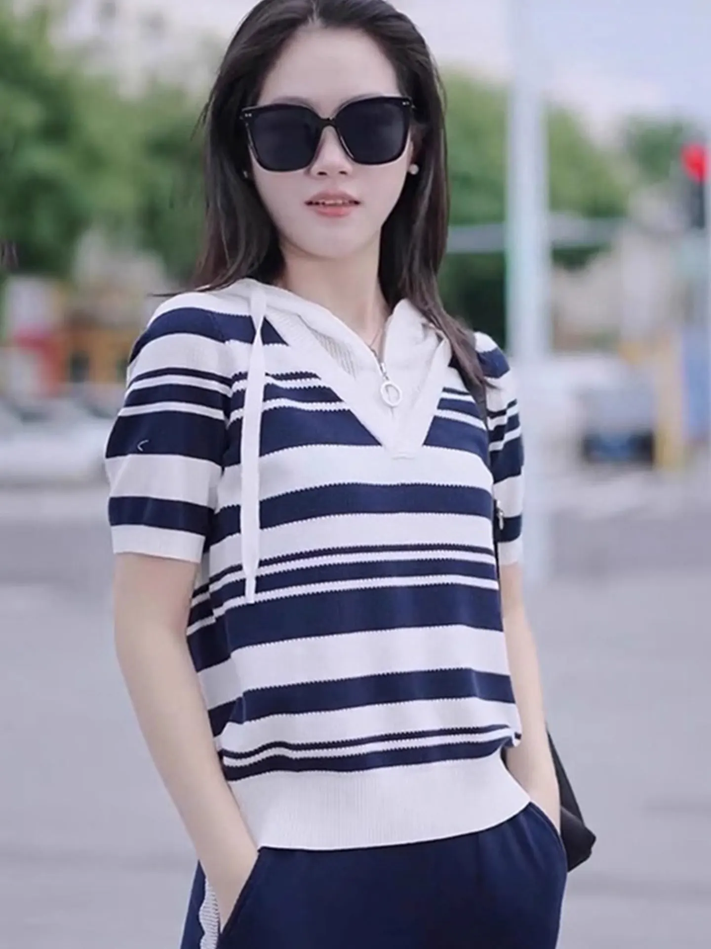 

Summer Casual Commute Small Size Knitted ort Sve T-irt Striped Color Blo Design Straight Cut Korean Sle Top