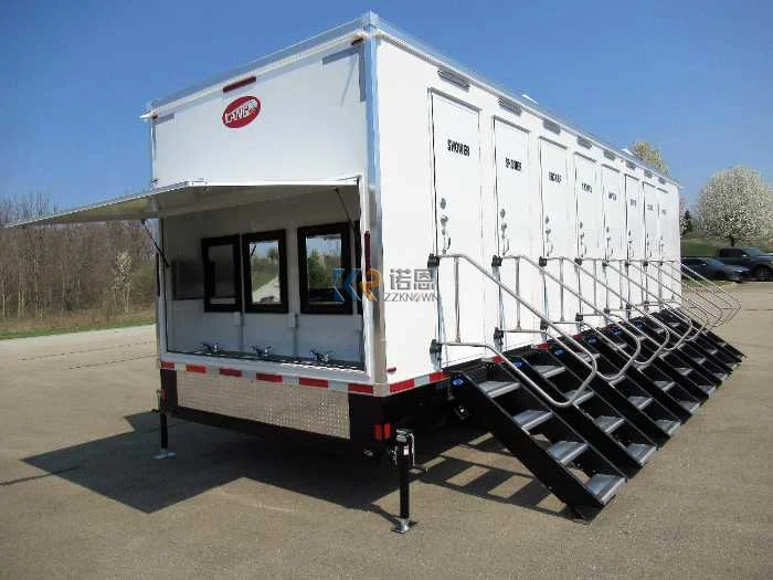 รถเทรลเลอร์ชักโครกเคลื่อนที่แบบเหยียบธรรมดาที่ดีที่สุดเคลื่อนย้ายได้และห้องอาบน้ำฝักบัวห้องน้ำสำเร็จรูปกลางแจ้ง