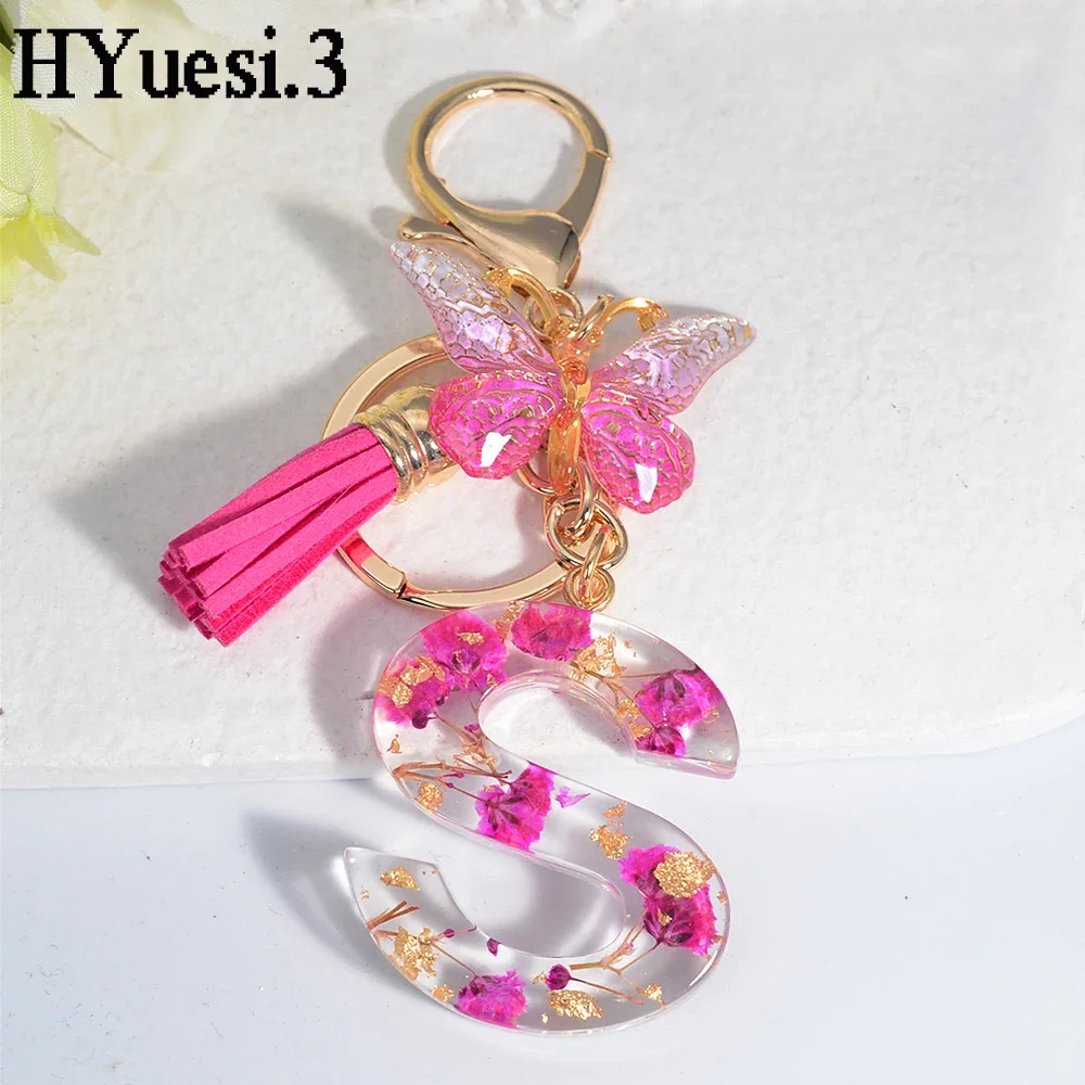 Pink Rose Letter Keychain Dried Flower Resin Initials Name Keyrings With Butterfly Tassel For Women Wallet Backpack Bag Decor