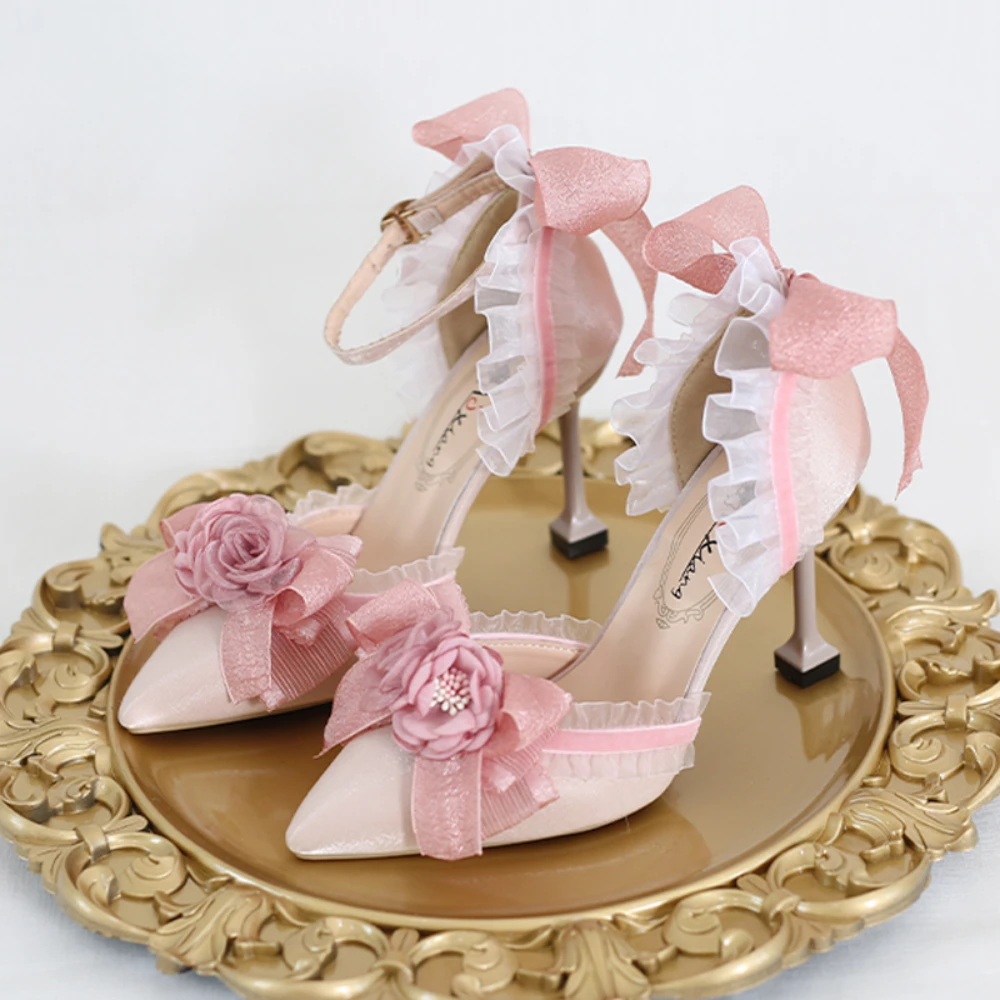 

Sandals Sweet Lolita Shoes Retro Cosplay Cute Loli Flower Wedding Girl Pearl Ribbon Butterfly Lace 5-8cm Pink High Heeled Shoes