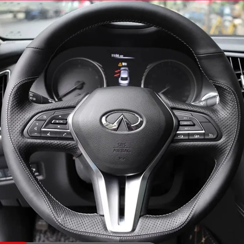 

For Infiniti QX50 Q50 2018-2020 Q60 2016-2020 Hand-stitched non-slip black genuine Leather Sports style Car Steering Wheel Cover
