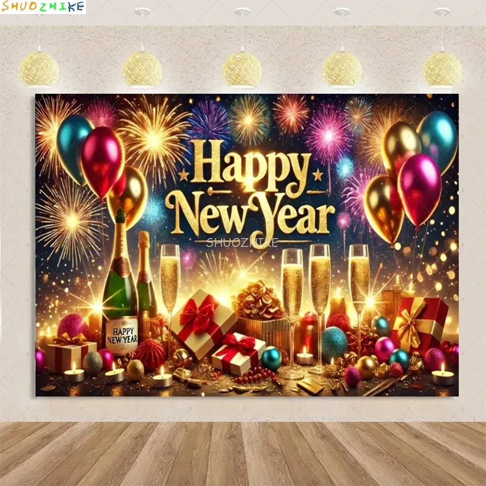 

2026 Gold Happy New Year Background Glitter Clock Champagne Lights Balloons Christmas Family Party Photography Backdrop NY-04