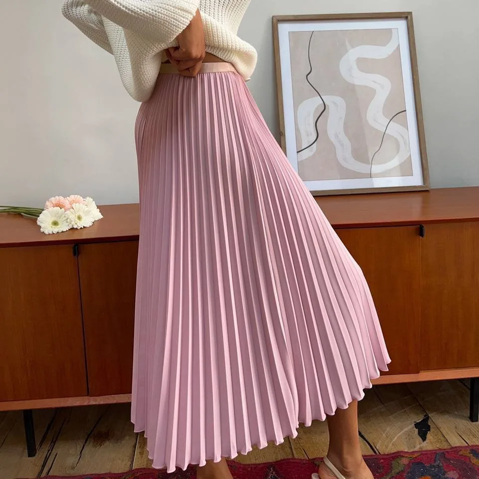 Skirts Women Mid Length Skirt A Line Elastic Waist Slim Fit Solid Casual Pleated Elegant Splice Y2k Streetwear Work 2026
