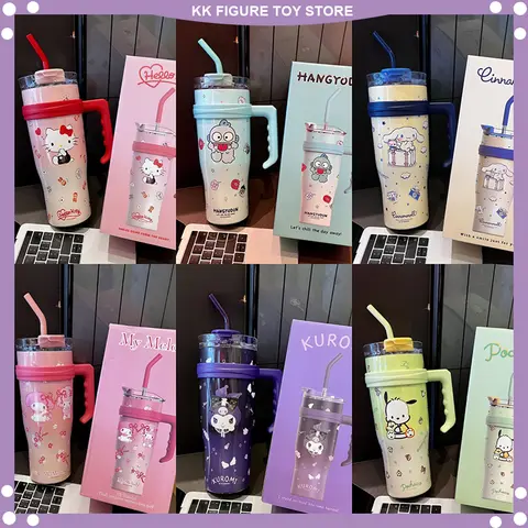 1200ml Sanrio 보온병 병 귀여운 헬로 키티 Kuromi Cinnamoroll 멜로디 만화 대용량 밀짚 스테인레스 스틸 병