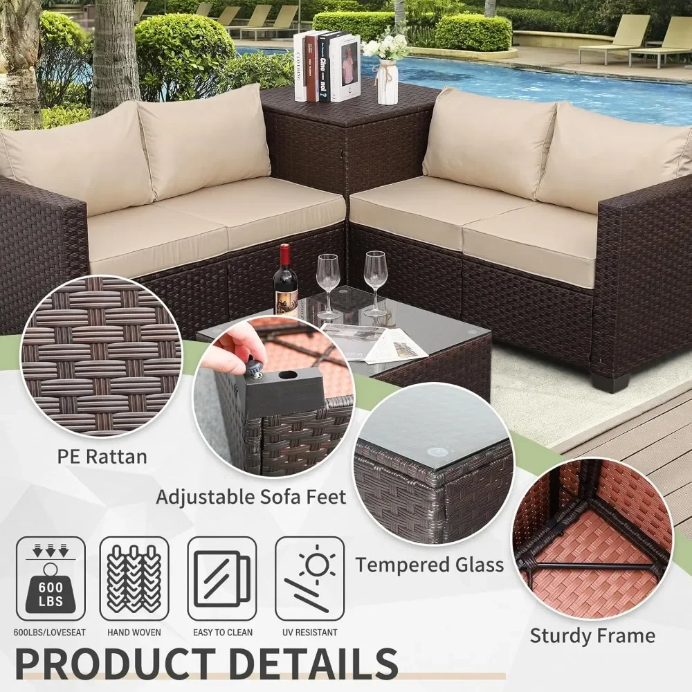 Outdoor Patio Furniture Set 4 Piece Brown Rattan Sectional Sofa Couch PE Wicker Conversation Sets with Storage Box Glass