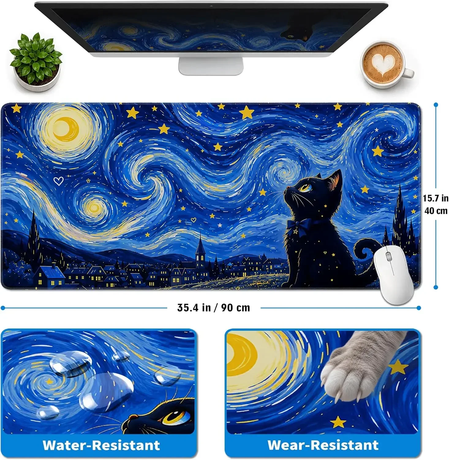 Starry Night Black Cat Gaming Mouse Pad, Van Gogh Swirl Sky Town Print Smooth Edge Non Slip Mat for Gamers Office Home Mouse