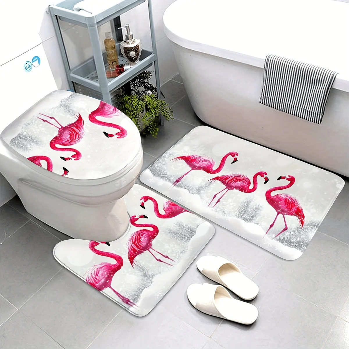 

Набор из 3 ковриков для ванной с розовым принтом фламинго, с изображением тропических птиц, нескользящие, влаговпитывающие, для домашнего декора