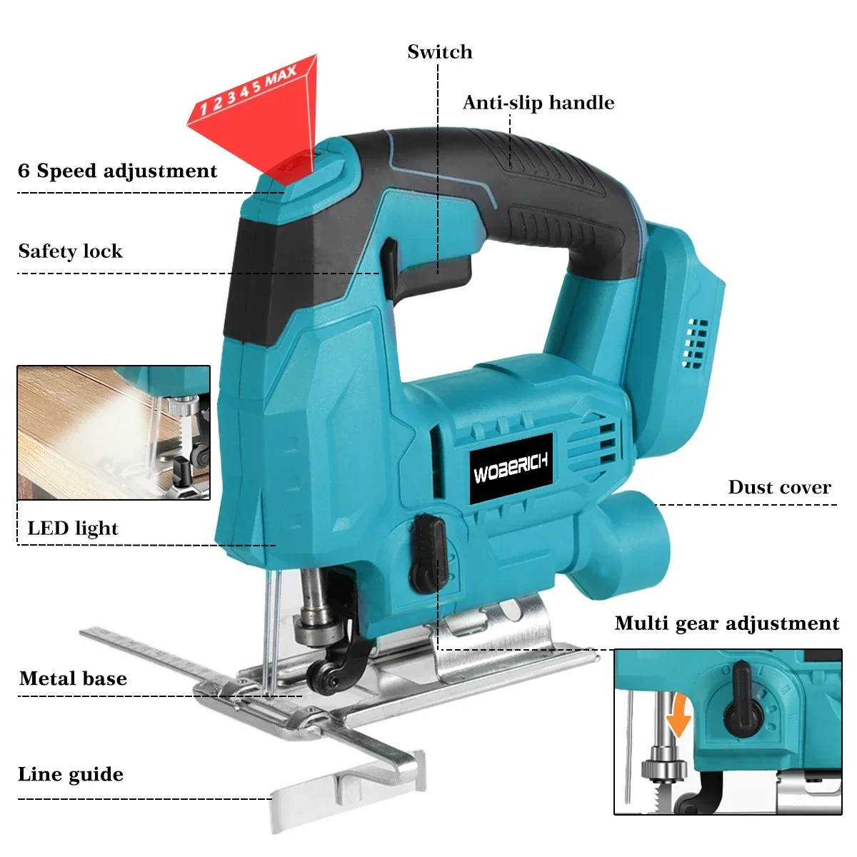 65mm 18V Cordless Jigsaw Electric Jig Saw Blade Adjustable Woodworking LED 6 Gear Speed Power Tool for Makita 18V Battery